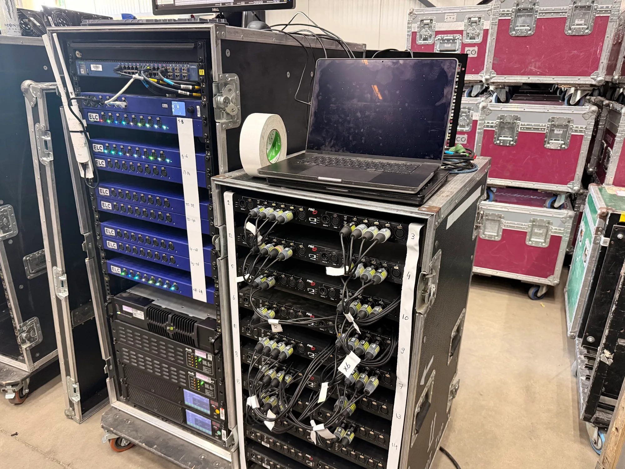 Signal distribution rack patched and tested during the pre-build for MagicCon 2026